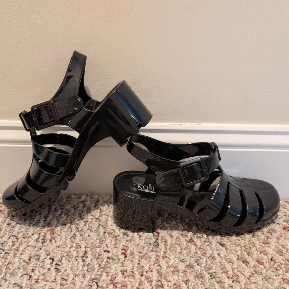 Black Patent Jelly Sandals - Women's Strappy Block Heel - Picture 5 of 5
